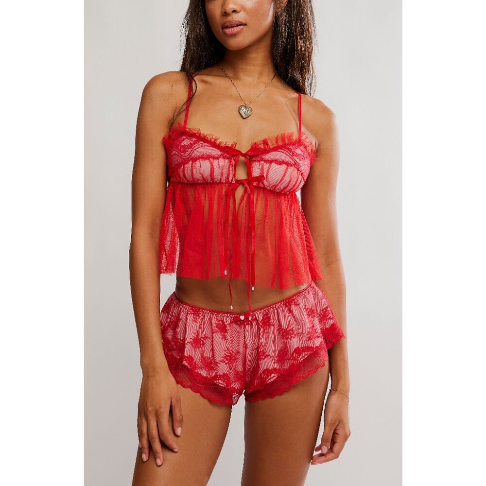 NWT Free People Red Lace Mesh Babydoll Camisole & Shorts Set